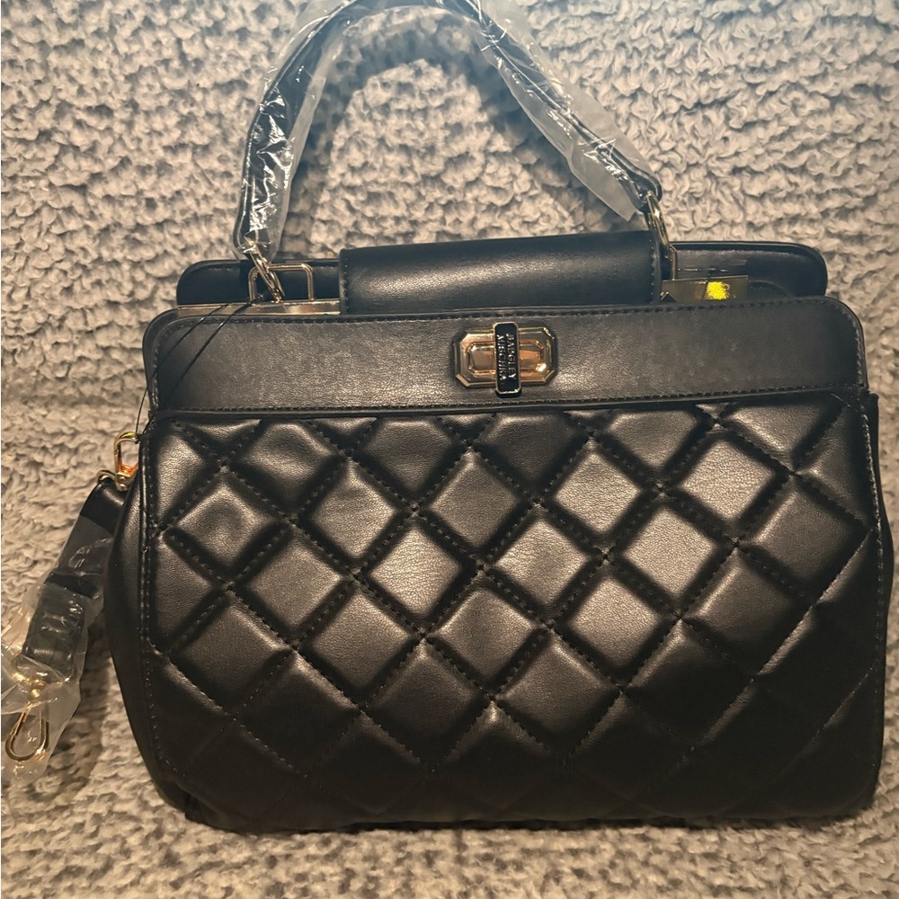 Badgley Mischka Black Quilted Top-Handle Satchel with Gold Hardware